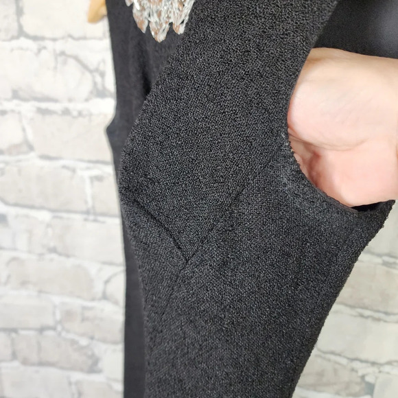 Vintage Leumann Italian Made Crepe Fit and Flare Dress Black Sequin Collar - Picture 14 of 14